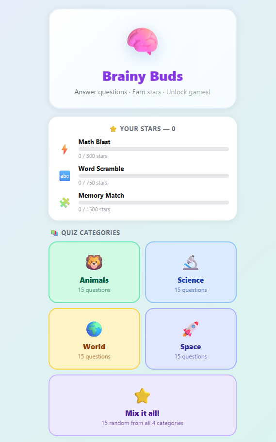 Brainy Buds — Educational Quiz Game for Kids (Lifetime Access)